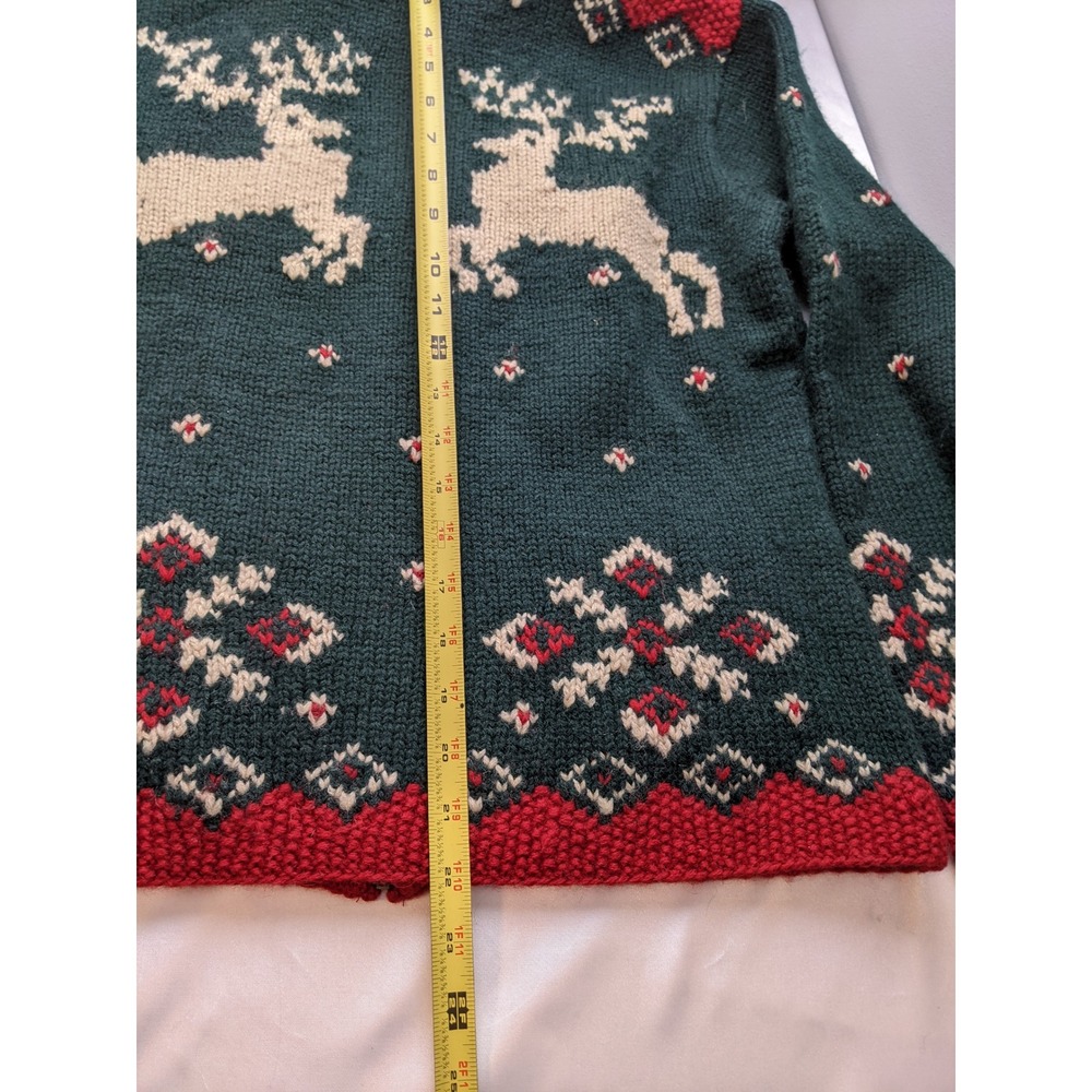 Lauren Ralph Lauren Hand Knit Wool Reindeer Faux Fur Zip Cardigan Green Red M - Picture 3 of 8